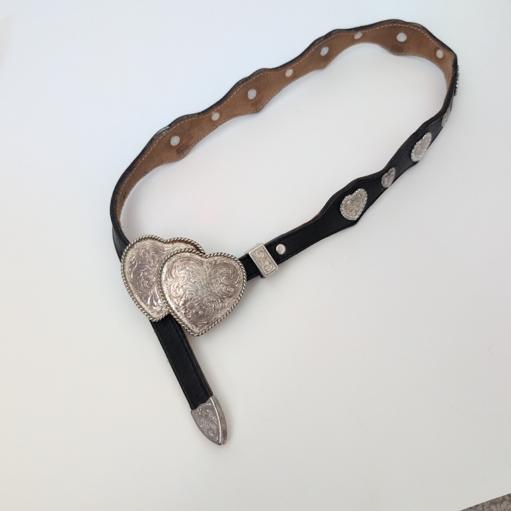Montana Silversmiths Black Leather Western Belt Heart Silver Plate 27-30 HEAVY - Picture 9 of 9